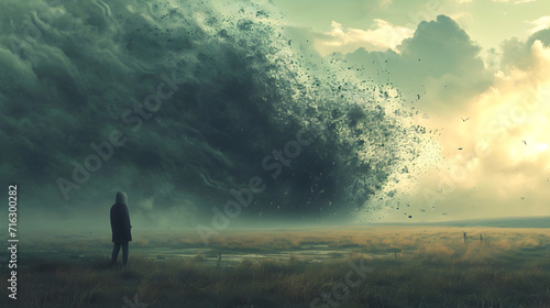 Dramatic Storm Cloud Approaching Man in Grass,  The power of time photo