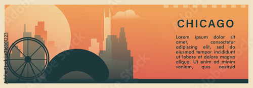 Chicago city brutalism vector banner with skyline, cityscape. USA Illinois state retro horizontal illustration. United States of America travel layout for web presentation, header, footer