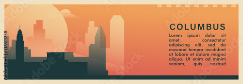 Columbus city brutalism vector banner with skyline, cityscape. USA Ohio state retro horizontal illustration. United States of America travel layout for web presentation, header, footer photo