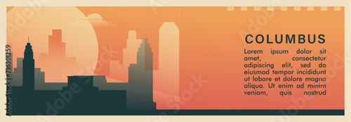 Columbus city brutalism vector banner with skyline, cityscape. USA Ohio state retro horizontal illustration. United States of America travel layout for web presentation, header, footer