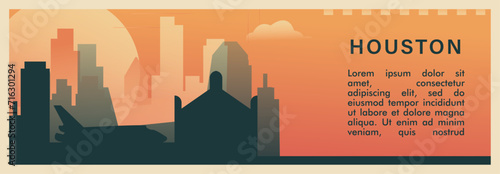 Houston city brutalism vector banner with skyline, cityscape. USA Texas state retro horizontal illustration. United States of America travel layout for web presentation, header, footer