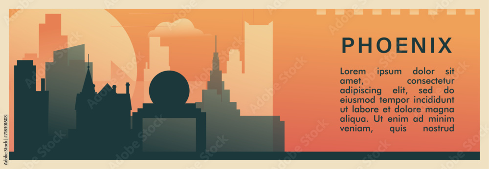 Phoenix city brutalism vector banner with skyline, cityscape. USA Arizona state retro horizontal illustration. United States of America travel layout for web presentation, header, footer