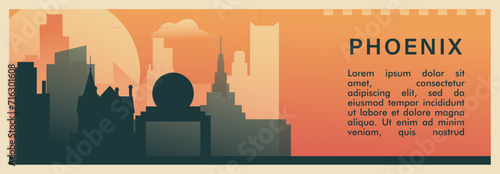 Phoenix city brutalism vector banner with skyline, cityscape. USA Arizona state retro horizontal illustration. United States of America travel layout for web presentation, header, footer