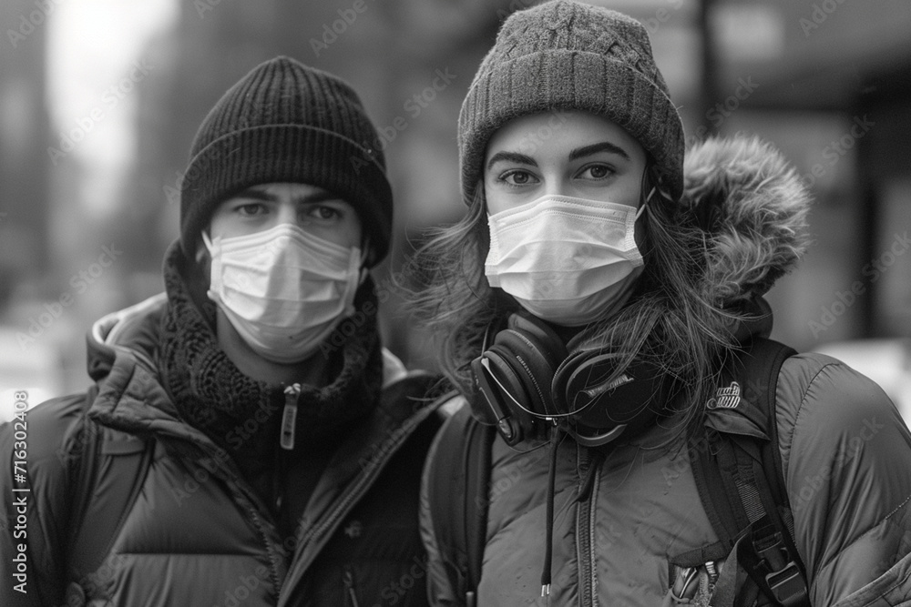A couple wearing masks and maintaining social distance during a walk, A couple wearing masks and maintaining social distance during a walk,