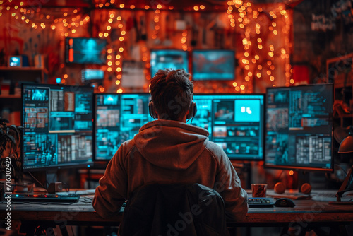 A hacker working in a dark room filled with computer screens, conducting cybercrimes, photo