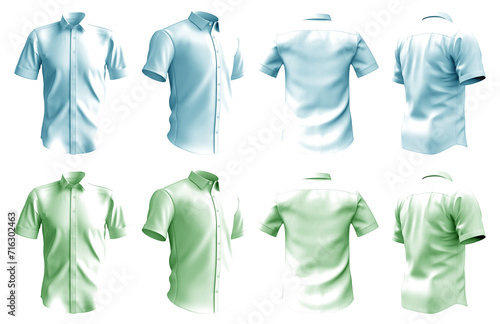2 Set of pastel green turquoise blue, button up short sleeve collar shirt front, back and side view on transparent background cutout, PNG file. Mockup template for artwork graphic design photo