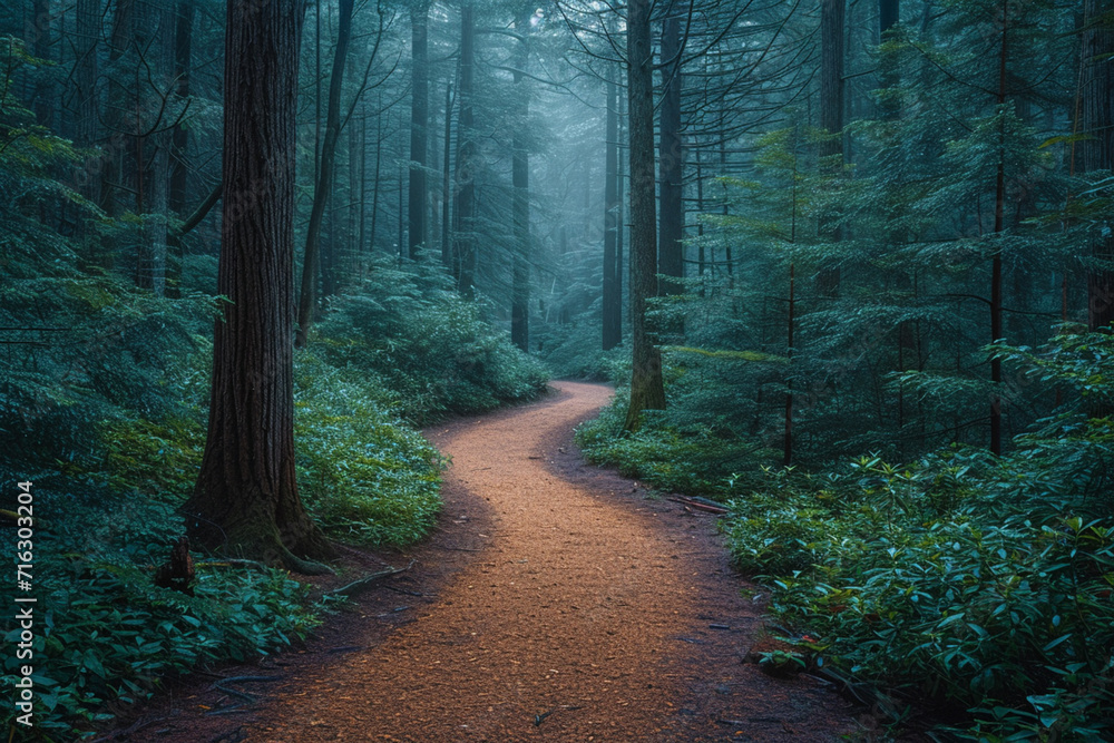 Obraz premium A mystical forest path that splits into multiple, visually distinct trails, each representing a different era,