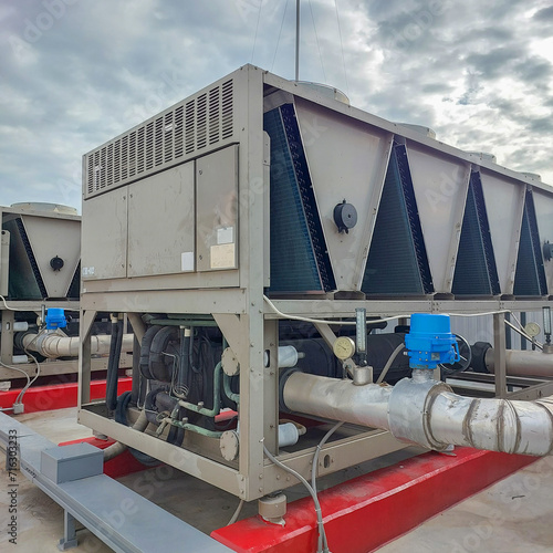 Sets of cooling towers in data center building.	