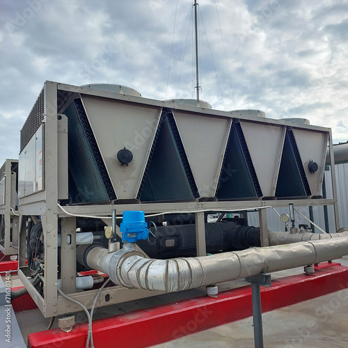 Sets of cooling towers in data center building.	