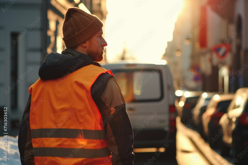 Fototapeta premium A man in an orange vest walking down the street. Suitable for urban lifestyle or cityscape themes