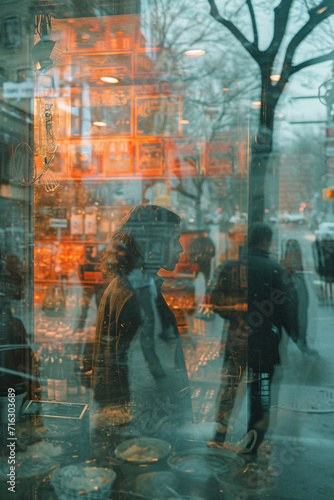 A street scene where a shop window acts as a mirror, reflecting a surreal and distorted version of the street,