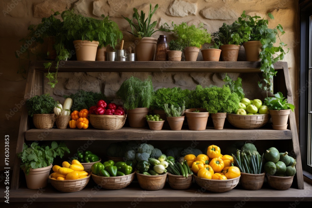 Rustic wooden pantry shelf adorned with fresh produce, Generative AI