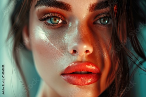 Close-up of a woman's face with vibrant and bold makeup. Perfect for beauty and fashion related projects