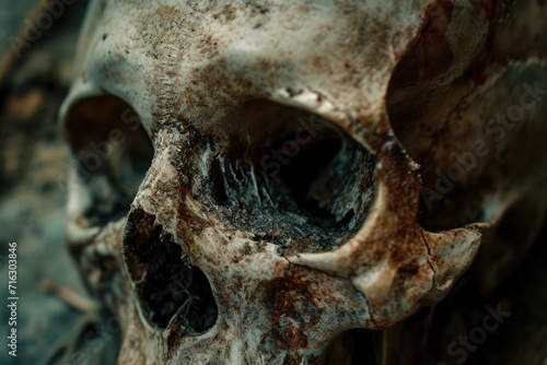 A close-up view of a skull placed on a table. This image can be used to depict horror, Halloween, anatomy, or scientific concepts