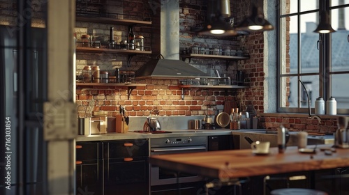A kitchen with a brick wall and a stove. Perfect for home decor or cooking-themed projects