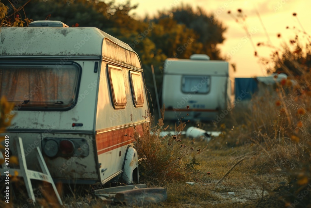 An old camper is parked in a field. This image can be used to depict nostalgia, travel, camping, or outdoor adventure