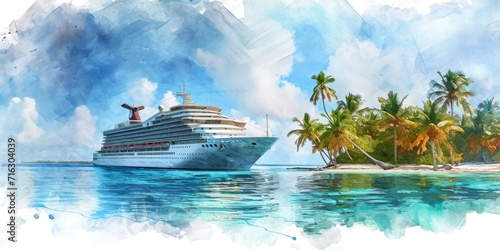 A painting of a cruise ship sailing in the vast ocean. Suitable for travel brochures or vacation advertisements
