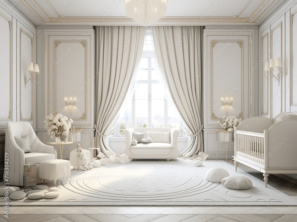 an elegant living room with a chandelier, curtains, and furniture in a classic style. The room is predominantly white with a few accents of color. an elegant living room with a chandelier, curtains, and furniture in a classic style. The room is predominantly white with a few accents of color.