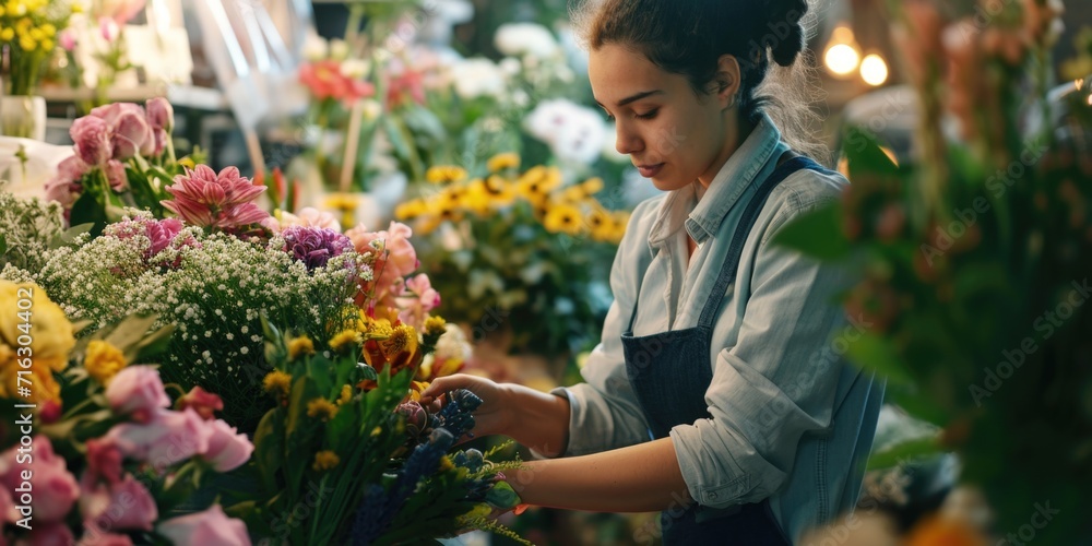 A woman carefully arranging flowers in a flower shop. This image can be used to showcase the art of floral arrangement and the beauty of nature.
