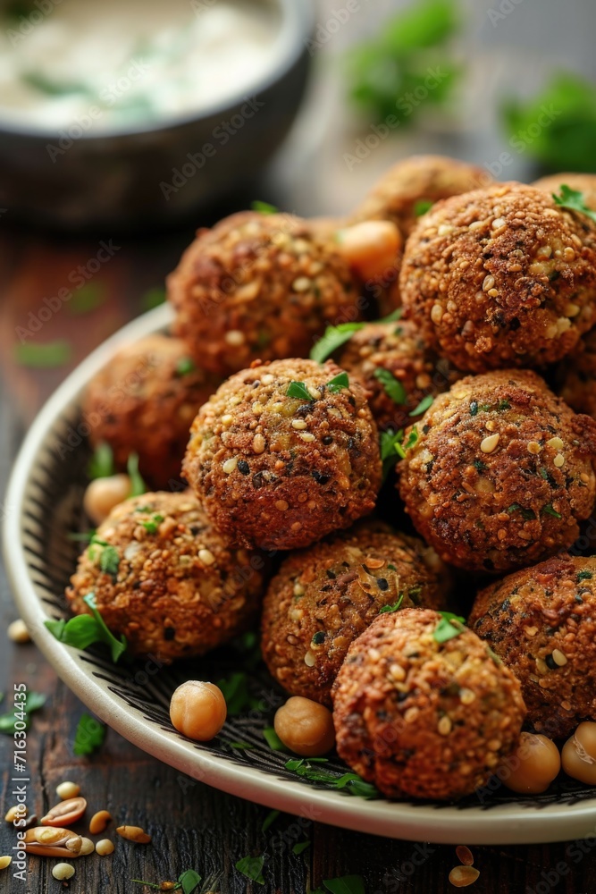 A plate filled with delicious meatballs, topped with a fresh parsley garnish. Perfect for a hearty meal or appetizer at any occasion A plate filled with delicious meatballs, topped with a fresh parsley garnish. Perfect for a hearty meal or appetizer at any occasion