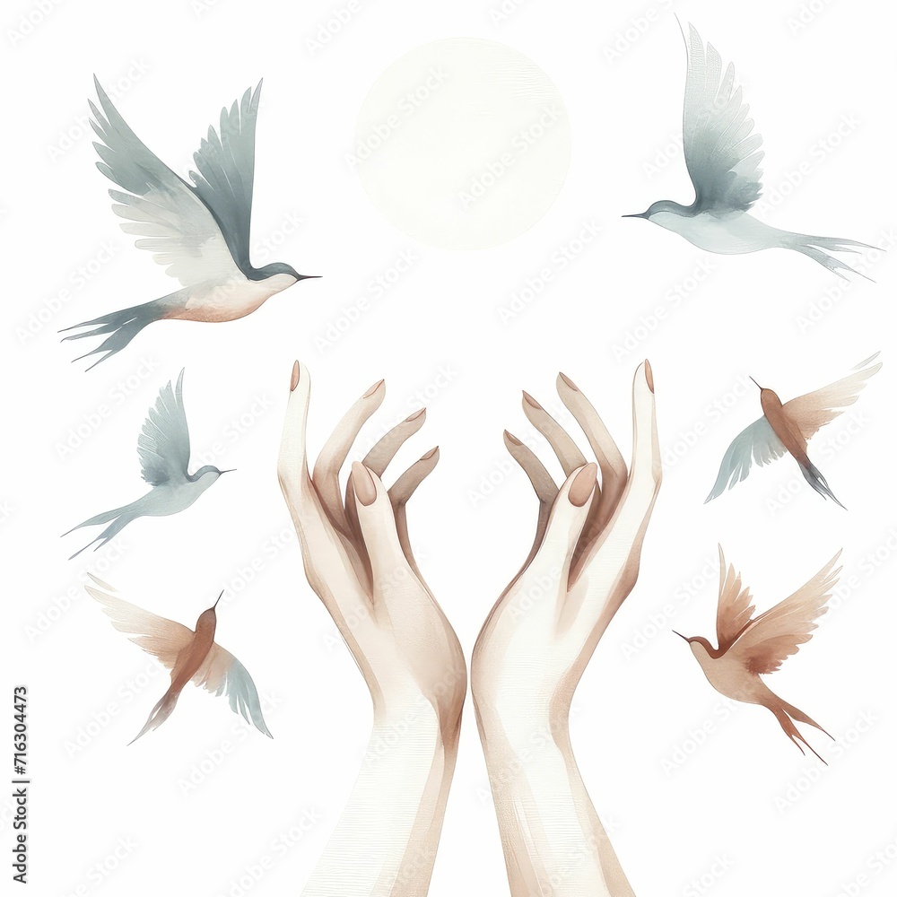 Obraz premium Female hands reaching for the sky with birds, watercolor illustration, women's day clipart