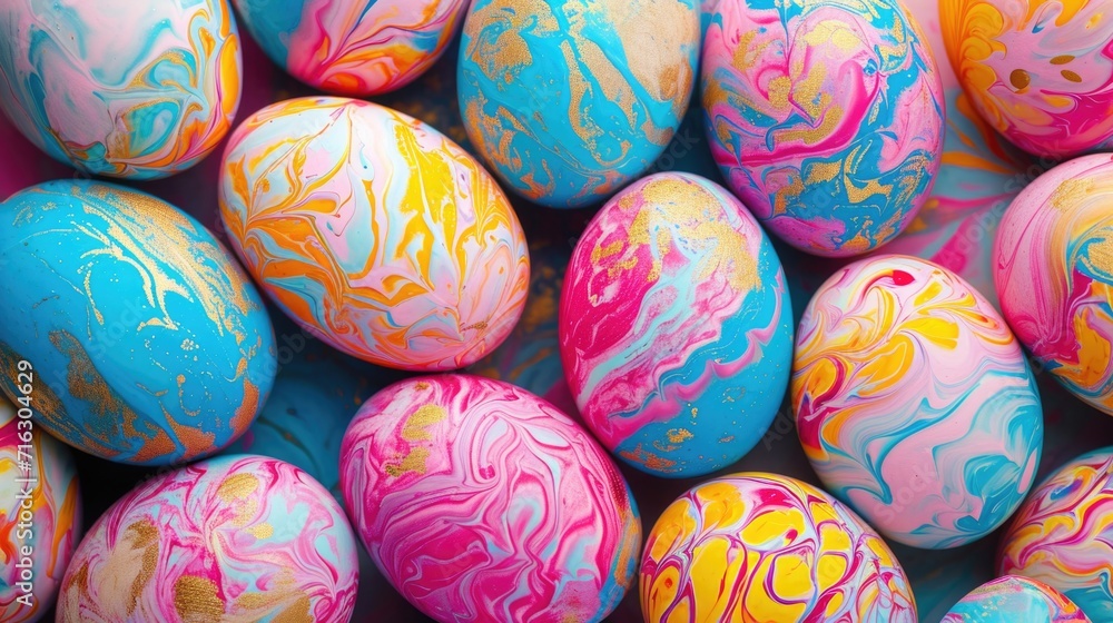 Colorful Easter eggs showcasing fluid art patterns and gold accents. Colorful Easter eggs showcasing fluid art patterns and gold accents.