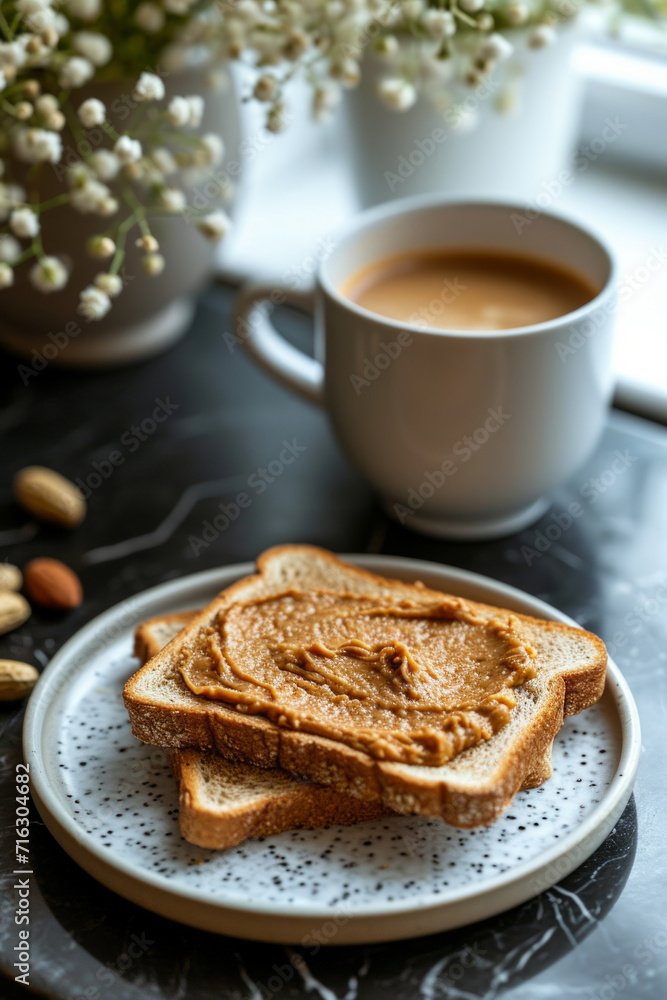 Peanut butter spread on bread toast in a plate served with a cup of coffee Peanut butter spread on bread toast in a plate served with a cup of coffee