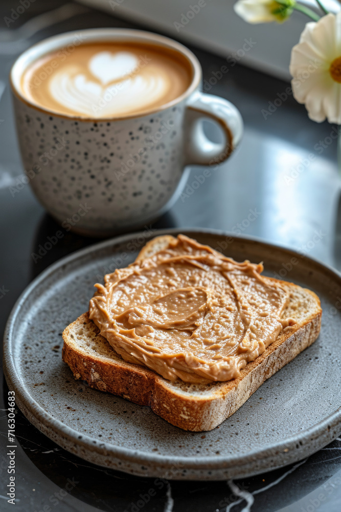 Peanut butter spread on bread toast in a plate served with a cup of coffee Peanut butter spread on bread toast in a plate served with a cup of coffee