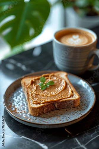 Peanut butter spread on bread toast in a plate served with a cup of coffee