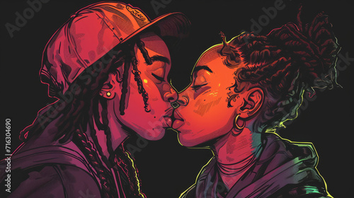 Illustration of a queer gay black couple with dreadlocks in love kissing side view photo