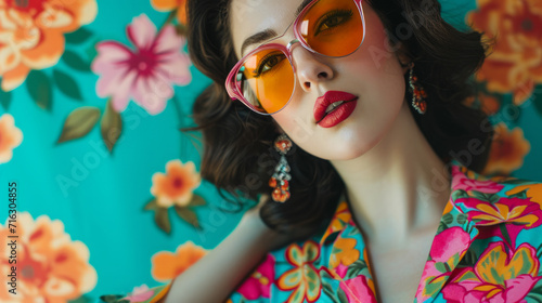 Young woman portrait 1960s-inspired with bold patterns and bright colors , sixties retro revival female fashion photo shoot photo