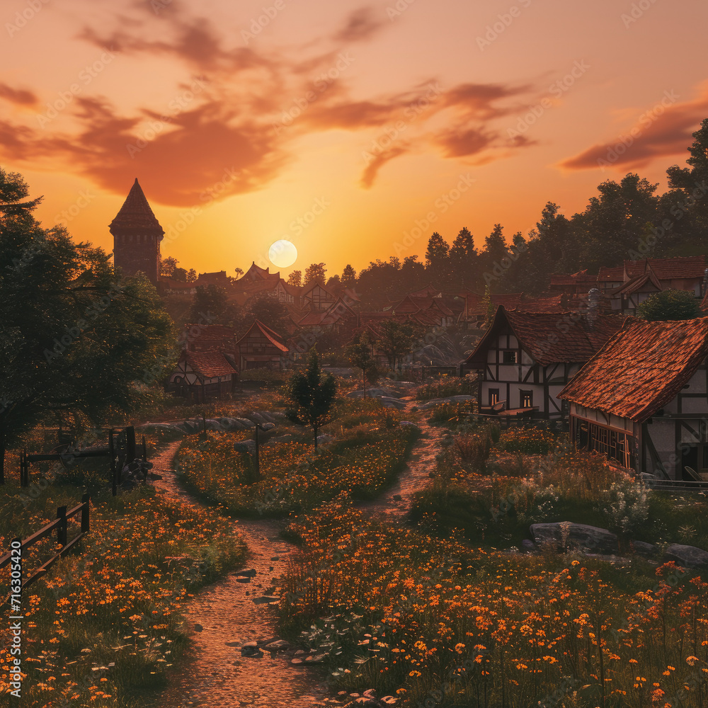 Medieval Village at Sunset: Rustic Charm and Rich Hues
