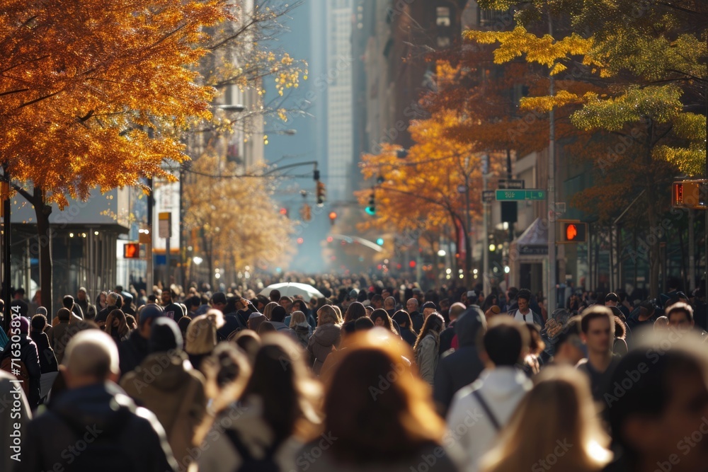 A crowd of people walking down a bustling city street. Perfect for illustrating urban life and city scenes