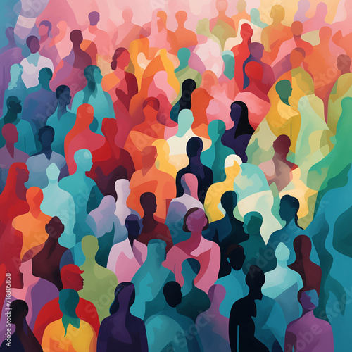 crowd of people in different colors, in the style of abstraction