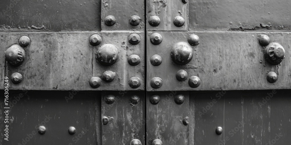 A detailed close-up of a metal door with rivets. This image can be used to depict industrial settings or as a background for a gritty urban scene