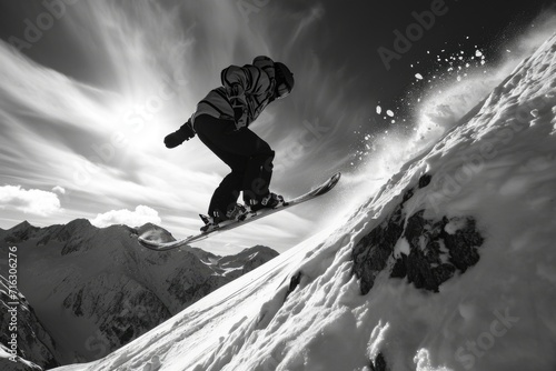 A man riding a snowboard down a snow-covered slope. Perfect for winter sports and outdoor adventure themes