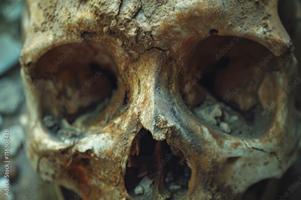 A detailed close-up shot of a skull resting on a rock. Perfect for Halloween-themed projects or dark and eerie designs A detailed close-up shot of a skull resting on a rock. Perfect for Halloween-themed projects or dark and eerie designs