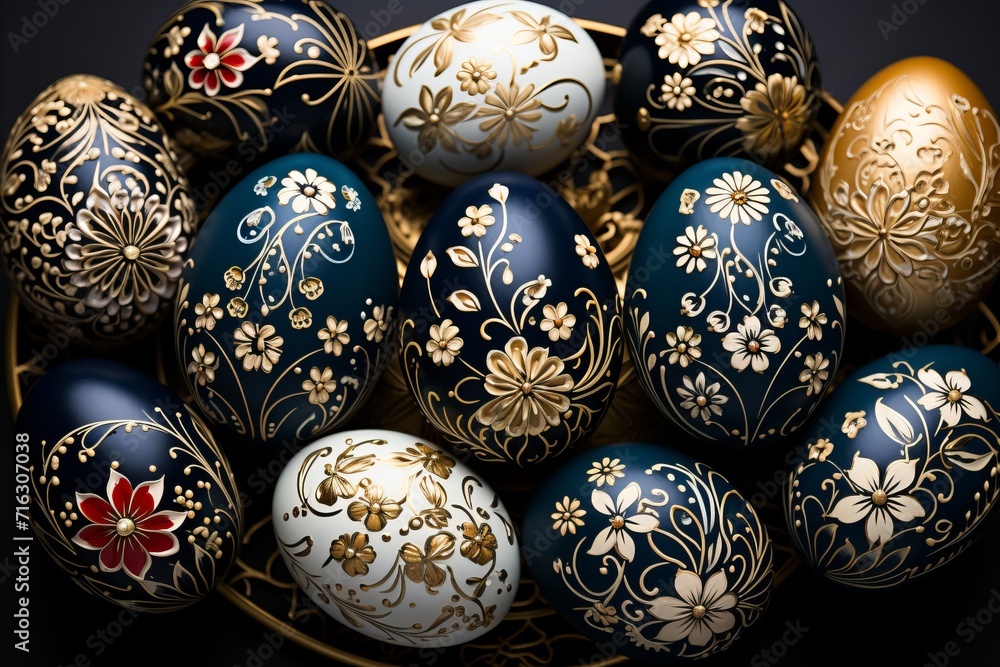 Multi-colored chicken eggs with shiny patterns are laid out on the table. Easter concept. Multi-colored chicken eggs with shiny patterns are laid out on the table. Easter concept.