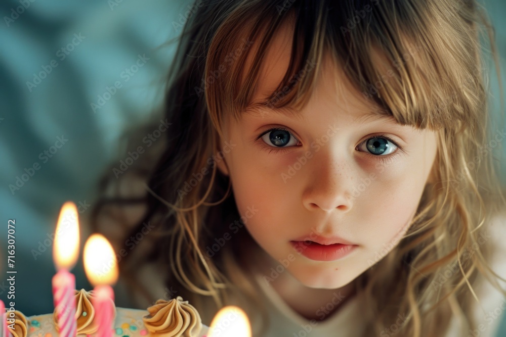 A young girl stands in front of a birthday cake with lit candles. This image can be used to celebrate birthdays and special occasions A young girl stands in front of a birthday cake with lit candles. This image can be used to celebrate birthdays and special occasions