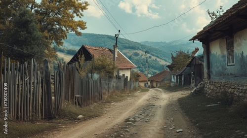 A dirt road in a rural area surrounded by houses and trees. Perfect for depicting countryside living or scenic drives