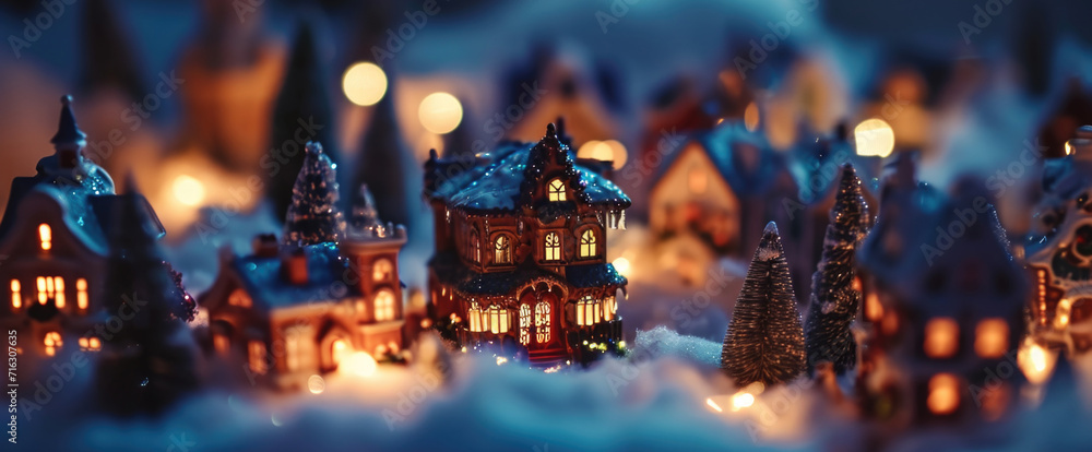 A small Christmas village illuminated by lights at night. Perfect for holiday-themed designs and decorations