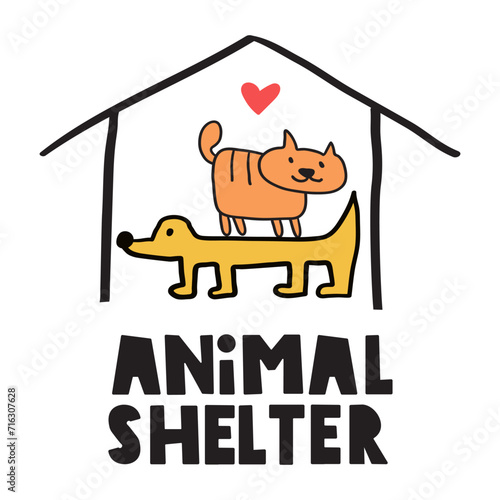 Animal shelter. Cute dog and cat. Flat vector graphic design. Hand drawn illustration