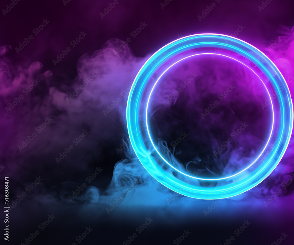 Sci Fi modern. Futuristic smoke. Neon color geometric circle on a dark background. Round mystical portal.