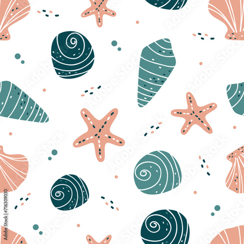 Seamless vector pattern with a nautical theme. Cute shells and starfish on white background. Pattern for products on white background. Vector illustration