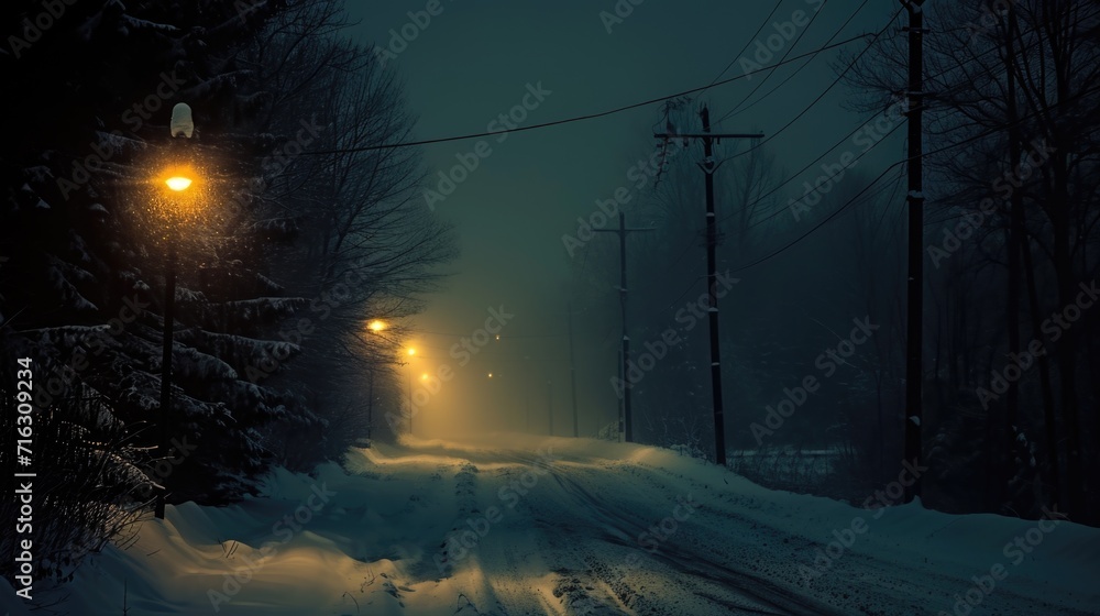 A picture of a snowy road at night illuminated by a street light. Perfect for winter-themed designs and concepts A picture of a snowy road at night illuminated by a street light. Perfect for winter-themed designs and concepts