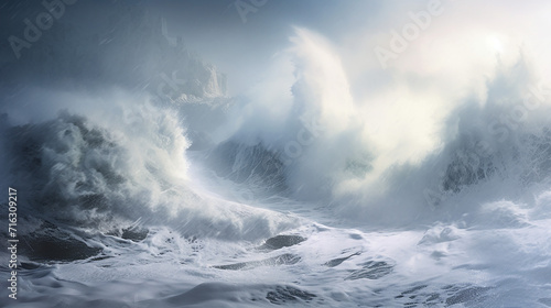Blizzard in Winter with Furious White Waves. Wild water waves on the ocean in winter.
