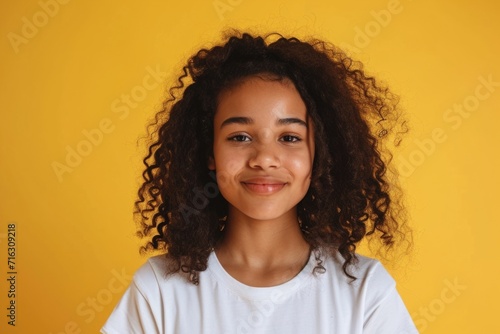 A young girl with curly hair smiling at the camera. Suitable for various uses