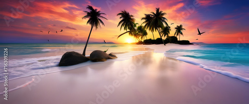 Sunset Serenity  HD Wallpapers of Crystal Clear Beach  Colorful Dream Sky  Universe Beyond  High Contrast  Saturated Colors  Palm Trees in Breeze  Dreamy Destination  Seascape Paradise.