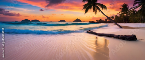 Sunset Serenity: HD Wallpapers of Crystal Clear Beach, Colorful Dream Sky, Universe Beyond, High Contrast, Saturated Colors, Palm Trees in Breeze, Dreamy Destination, Seascape Paradise.