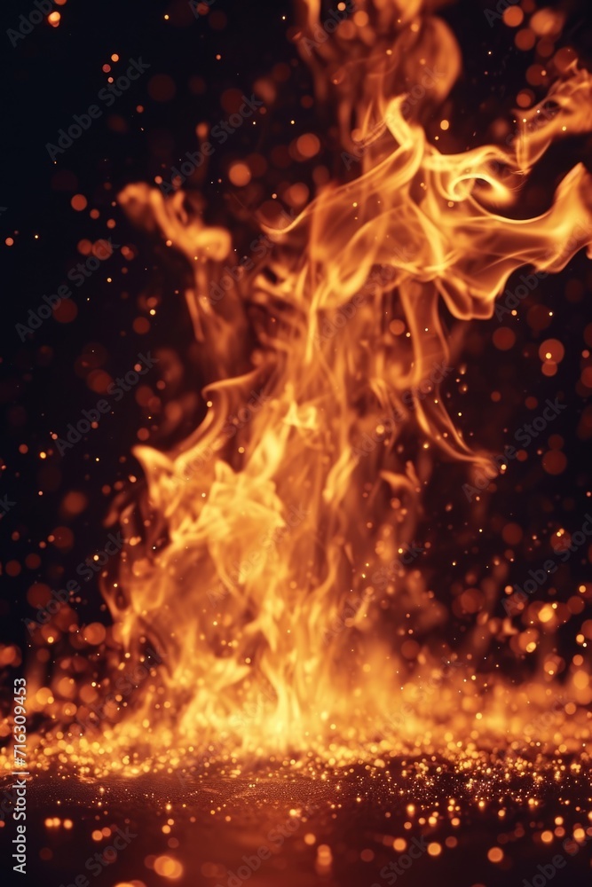 Fire burning brightly on a dark black surface. Perfect for adding warmth and intensity to any design or project